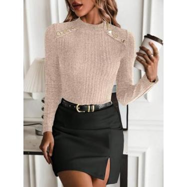Imagem de Blusa feminina bege canelada elástica - blusa de manga comprida com botões e ombros, Caqui, Small