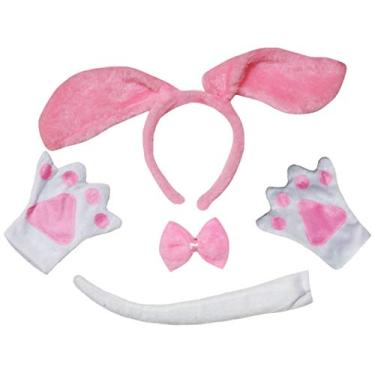 Imagem de Petitebella Luvas longas para cabeça de cachorro com laço e cauda 4 peças fantasia 1-10 anos (rosa, 5-10 anos)