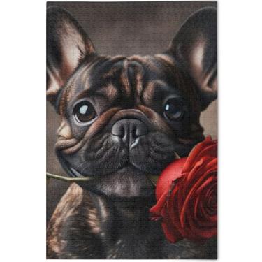 Imagem de Quebra-cabeça floral rosa buldogue personalizado 500 peças para adultos presentes de jogo de quebra-cabeça divertido natureza divertido arte de pintura animal, 52 cm x 37,8 cm