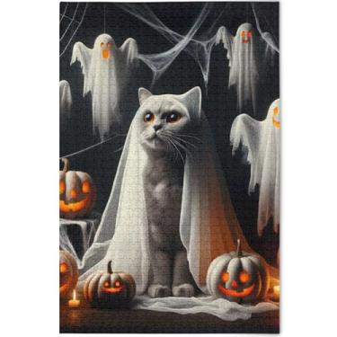 Imagem de Quebra-cabeça personalizado com citação de gato fantasma de Halloween adulto 500 peças cenário arte animal natureza quebra-cabeças presentes para amantes de quebra-cabeça, 52 cm x 37,8 cm