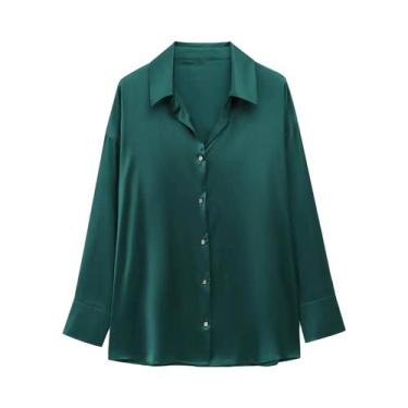 Imagem de Camisa Feminina De Manga Longa Com Botões, Corte Relaxado, Gola Pontud