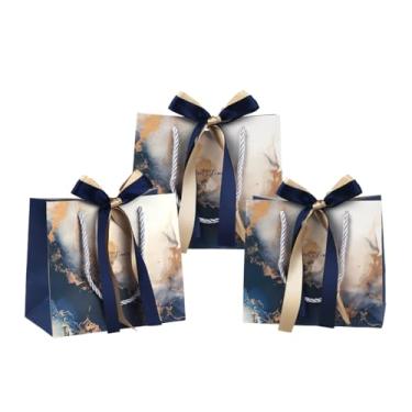 Imagem de DONQE Sacos de presente de papel com alças e fita de laço, 3 peças 19 × 16,30 × 3,94 cm, sacos de lembrancinha de festa reutilizáveis para aniversário, Natal, casamento, azul