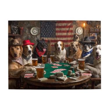 Imagem de Cachorros engraçados jogando pôquer – quebra-cabeça de madeira de 500 peças para adultos, cena de bar de cachorro estilo ocidental com cervejas e cartões