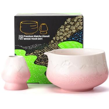 Imagem de TEANAGOO Tigela Matcha com bico, 2 peças de tigela de cerâmica Fuji Design e suporte para batedor (chawan), tigela Matcha rosa de 560 ml com suporte, conjunto de presente para amigos/familiares
