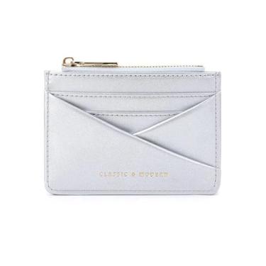 Imagem de Sliver Carteiras femininas de couro pequenas finas e minimalistas com bloqueio de RFID com zíper com moeda de grande capacidade, 2 cartões de crédito