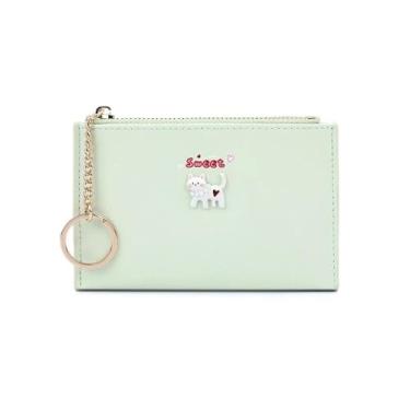 Imagem de Carteiras femininas verdes pequenas finas minimalistas de poliuretano com bloqueio de RFID, gato fofo com zíper, grande capacidade, cartão de crédito fino