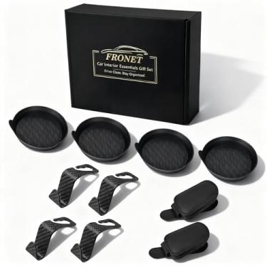 Imagem de Conjunto de acessórios de carro para presente – 10 peças de kit organizador de itens essenciais para interiores com 4 porta-copos para copos, 4 ganchos de encosto de cabeça e 2 clipes de viseira para