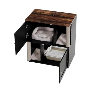 Imagem de Caixa de areia para gatos de camada dupla com armário oculto, poste arranhador de sisal e tapetes de areia – banheiro de madeira para gatos e cama aconchegante para gatos