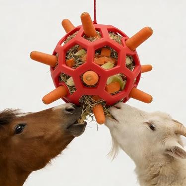 Imagem de Bola de feno/vegetal/cenoura/alimentador, brinquedo de alimentação suspenso para cavalo, cabra, ovelha para brincar e aliviar o estresse, brinquedos de enriquecimento do tédio de cavalo. (vermelho)