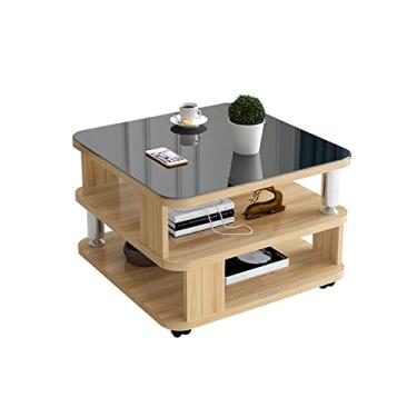 Imagem de U5GAAALPPQ9 Mesa quadrada pequena para sala de estar, mesa de centro de vidro temperado, rack de armazenamento para sala de estar e quarto com rolos, itens essenciais para casa (cor nogueira)