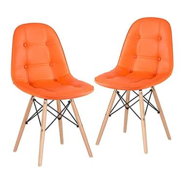Imagem de Loft7 Home Decor, Kit 2 Cadeiras Charles Eames Eiffel, Assento Estofado Botonê, Pés Em Madeira Clara E Elegante Versátil Sala De Jantar Cozinha Cafeteria Quarto, Laranja