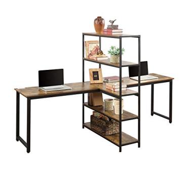 Imagem de U5GAAALPPQ9 Estações de trabalho duplas extra grandes, mesa de escritório com prateleiras de armazenamento, mesa de computador para duas pessoas, reversível, em forma de L