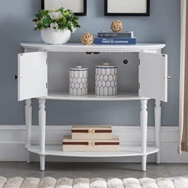 Imagem de Console, mesa de console de madeira com portas duplas de armário, mesa de entrada em forma de meia lua, mesa de sofá estreita para sala de estar, entrada, corredor (cor: branco, tamanho: 97 x 38 x 81