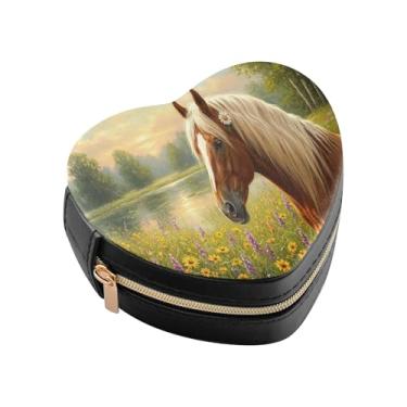 Imagem de Burbuja Mini caixa de joias em forma de coração com paisagem com cavalo para mulheres e meninas, estojo portátil organizador de armazenamento para brincos, anéis, colares e pulseiras