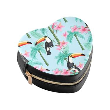 Imagem de Burbuja Caixa de joias tucanos em forma de coração de hibisco mini estojo de joias de viagem para mulheres e meninas, estojo portátil organizador de armazenamento para brincos, anéis, colares e