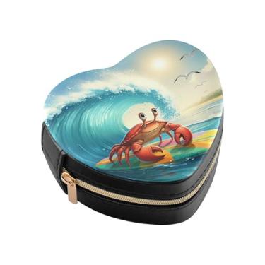 Imagem de Burbuja Caixa de joias em forma de coração com caranguejo em uma prancha de surfe, mini estojo de viagem para mulheres e meninas, organizador portátil de armazenamento para brincos, anéis, colares e