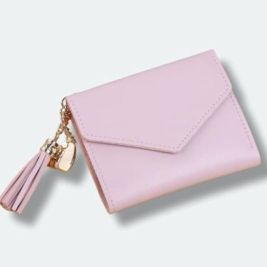 Imagem de Carteira curta feminina com pingente em forma de coração de borla - 4 compartimentos para cartões, 1 compartimento para foto, poliuretano leve de 70 g, 11,5 x 9 cm (cinza/verde/preto/rosa/vermelho