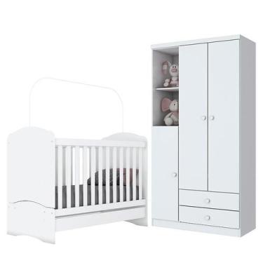 Imagem de Jogo de Quarto Infantil Bala de Menta com Guarda Roupa e Berço Branco 
