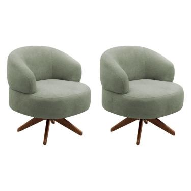Imagem de Kit 02 Poltronas Decorativas Orgânicas Living Have Base Giratória Bouclê Verde Oliva - Desk Design