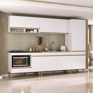 Imagem de Cozinha Modulada Completa Compacta 5 Peças Com Balcão Para Cooktop Veneza Multimóveis Mp2270 Branco Dourado