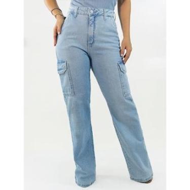 Imagem de Calça Feminina Jeans Wide Leg Cargo Delavê Alta Anticorpus-Feminino