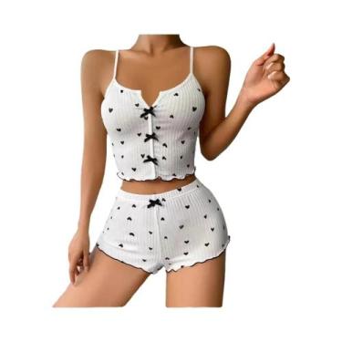 Imagem de Conjunto De Pijamas De Seda Com Estampa De Coração Para Mulheres, Top 