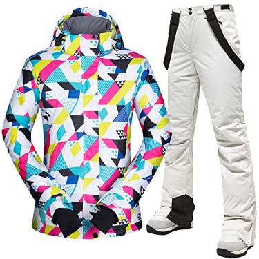 Imagem de Yajun Terno de esqui fashion feminino jaquetas e calças de inverno quentes à prova d'água -30 graus poliéster roupa de neve para acampamento de ciclismo ao ar livre, branco, GG (busto: 112 cm)