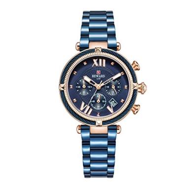 Imagem de Relógio de pulso feminino de quartzo com calendário, à prova d'água, inoxidável, design moderno para mulheres REWARD Chronograph Sports, Azul