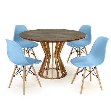 Imagem de Conjunto Mesa de Jantar Redonda Cecília Amadeirada Natural 120cm com 4 Cadeiras Eames Eiffel - Azul Claro