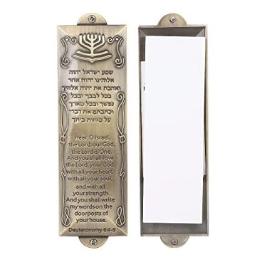 Imagem de BRTAGG Capa Mezuzah com fita dupla face, 14 cm de altura, escrituras em inglês e hebraico, bronze, fácil de destacar e colar para presentes judaicos (para rolo de 10 cm)