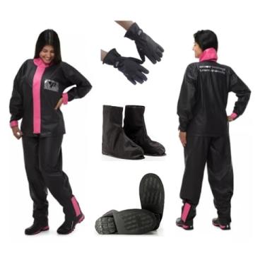 Imagem de Kit Capa de Chuva PVC Pantaneiro Feminina Motoqueiro GG + Polaina GG + Luva Impermeável