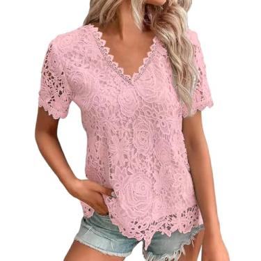 Imagem de Blusas femininas de malha de renda para treino plus size manga curta Y2K blusas de algodão camisetas boho túnica de festa, rosa, P