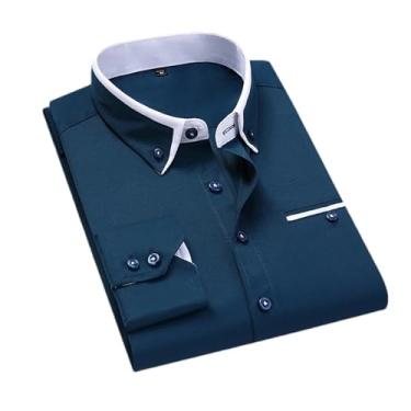 Imagem de Camisa casual estilosa com gola dupla listrada masculina de manga comprida sem passar a ferro, Diamante azul, XXG