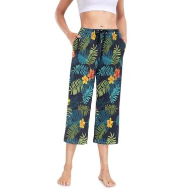 Imagem de KLL Calça de pijama feminina de perna larga feminina cropped leve para dormir estampa tropical de verão Monstera, Folhas Monstera com estampa tropical de verão, Small