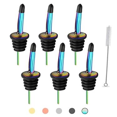 Imagem de WAFJAMF Conjunto de 6 peças de bicos de licor, despejadores de garrafa de licor de aço inoxidável com tampas de borracha para derramar líquido, azeite, vinho, vinagre (arco-íris)