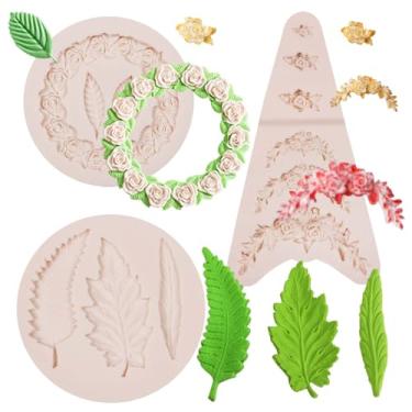 Imagem de Muyulin Guirlanda de rosas com formas de chocolate de folha, mini flores de samambaia tropical, moldes de silicone para decoração de bolo de festa de dia dos namorados, cobertura de cupcake, argila de