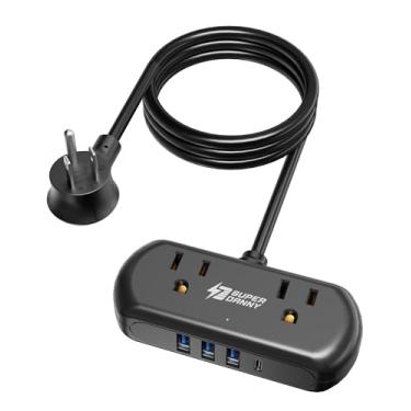 Imagem de Cabo de extensão de 6 m, mini protetor contra sobretensão SUPERDANNY com 2 tomadas espaçadas, filtro de alimentação USB, 3 USB-A 1 USB-C, plugue plano, estação de carregamento de mesa de tamanho