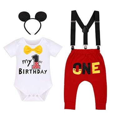 Imagem de IMEKIS Macacão de 1º aniversário para bebês meninos e meninas + suspensórios + calça comprida + faixa de cabeça para tirar fotos, Branco - My 1st Birthday Long, 12-18 Meses