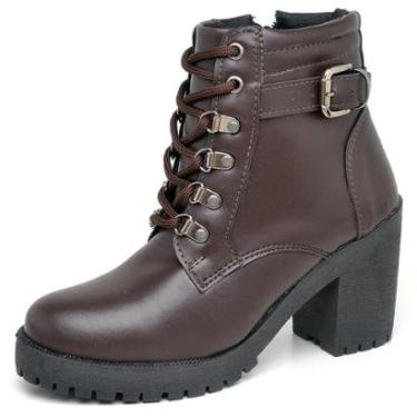 Imagem de Bota Coturno Feminina Cano Curto Casual com Salto Alto Quadrado Tratorado Cadarço e Ziper-Feminino