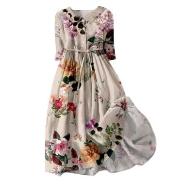 Imagem de BFAFEN Vestidos de linho para mulheres 2024 verão boho estampa floral vestido longo casual manga 4 vestido rodado midi, Vermelho, GG