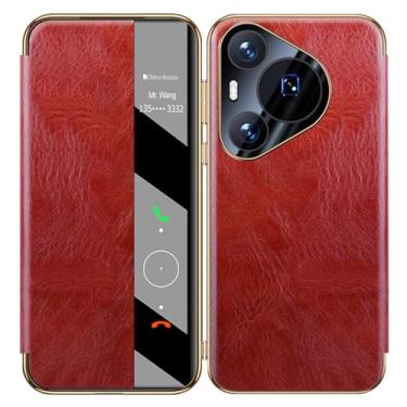 Imagem de HAZARA Capa de couro genuíno para Huawei Pura 70 Ultra/70 Pro/70 Pro+/70, capa flip Clear View, capa fólio empresarial, capa de proteção de lente revestida, vermelha, 70 Pro