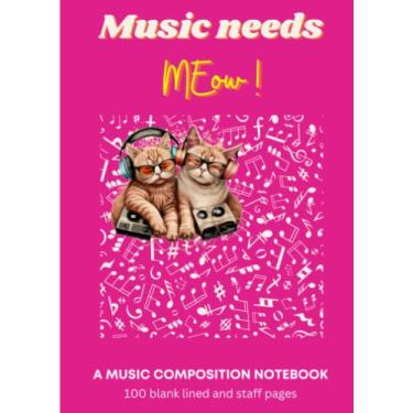 Imagem de Um caderno de composição musical de folha rosa pequeno 12,76 x 17,78 cm - forrado em branco com 100 páginas (12 bastões cada) para meninas adolescentes: gatos melodia de bingo!