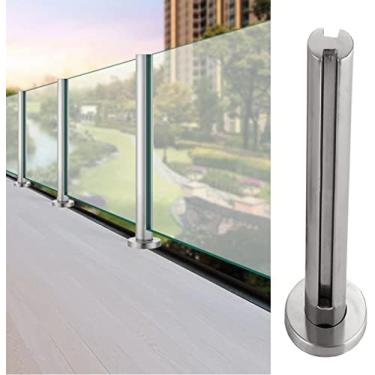 Imagem de Braçadeira de poste de corrimão de plataforma redonda prateada, pilar de painel de corrimão de vidro de aço inoxidável para vidro/plástico/madeira, cerca de balaustrada de pátios de varanda,