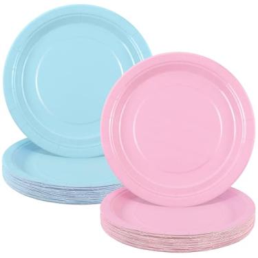 Imagem de Breroa 72 peças, pratos de papel rosa claro e azul claro, descartáveis, resistentes, pratos de sobremesa, jantar sustentável, pratos de papel decorativo, para festas, feriados, piqueniques