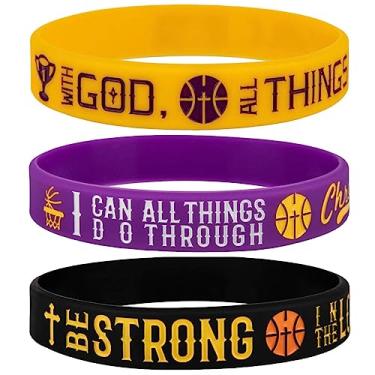 Imagem de JOLLYINSPIRE Power of Faith Pulseiras de silicone de ouro roxo com escrituras inspiradoras Mateus 19:26, Filipenses 4:13, Efésios 6:10, pulseiras motivacionais presentes esportivos para Lakers,