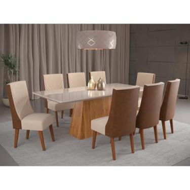 Imagem de Mesa de Jantar Retangular Splendore com 8 Cadeiras Maderia Maciça Topazio Mel/Off/Linho Bronze