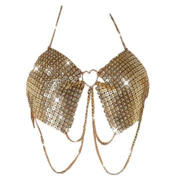 Imagem de Sutiã Boho com corrente de strass e borla de cristal brilhante, colar de lantejoulas douradas, top cropped top biquíni acessórios corporais joias para mulheres, one size, Metal, Sem Pedra Preciosa