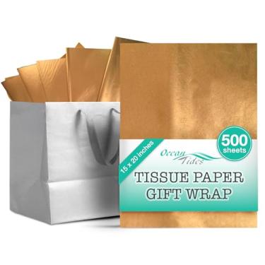 Imagem de Papel de seda Ocean Tides para embrulho de presente, para aniversários, artesanato faça você mesmo, Natal e sacolas de presente, leve e fácil de moldar, 500 folhas, dourado (38 x 50 cm)