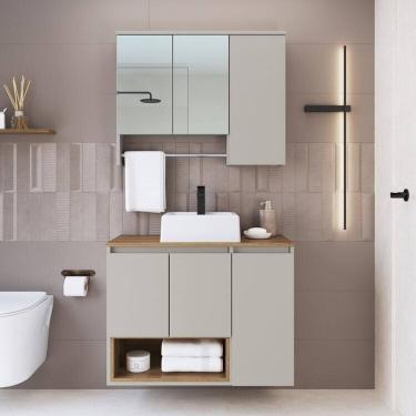 Imagem de Conjunto para Gabinete Suspenso 80cm com Cuba e Espelheira 3 Portas com Toalheiro Olívia Mel / Arenas