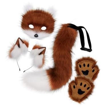 Imagem de Fiocias Máscara E Cauda Therian Linda Máscara de Gato Peludo para Festa de Halloween Feriado Aniversário, Castanho avermelhado Branco